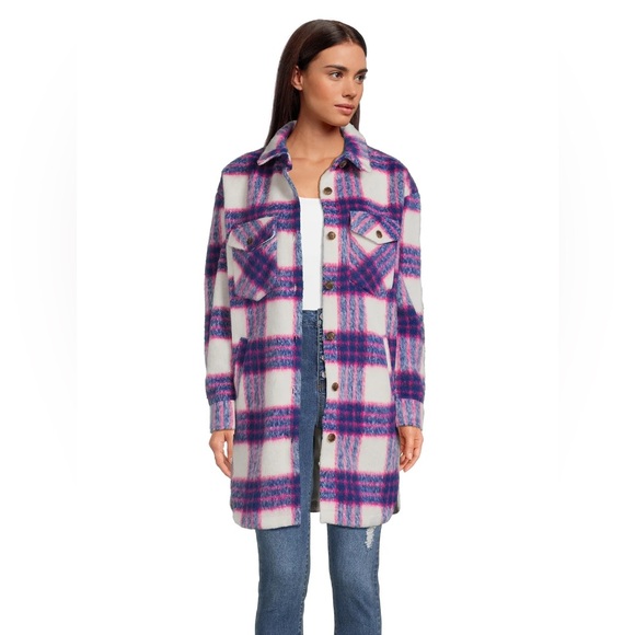 Madden NYC Teddy Shacket in Pink and Blue Plaid - Picture 1 of 8